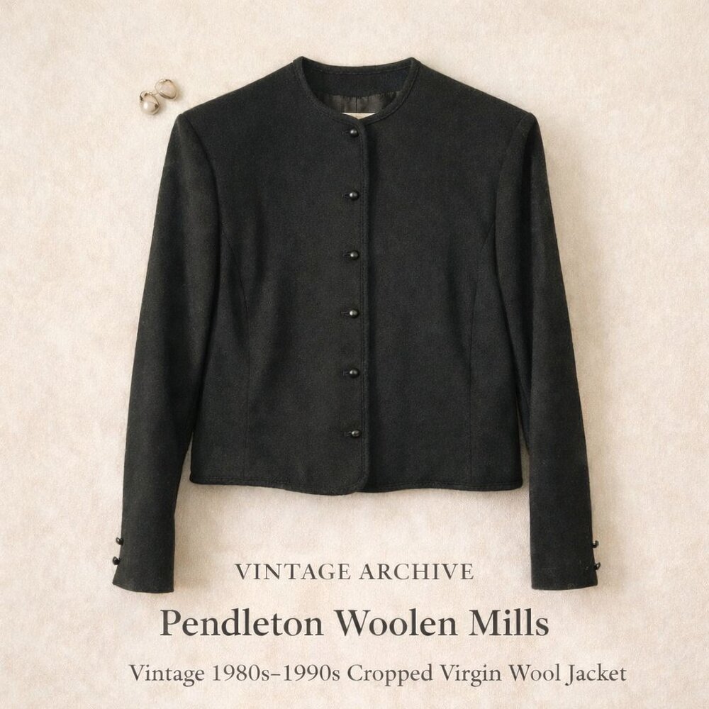 Vintage Pendleton Black Virgin Wool Cropped Jacket Collarless Button Front M